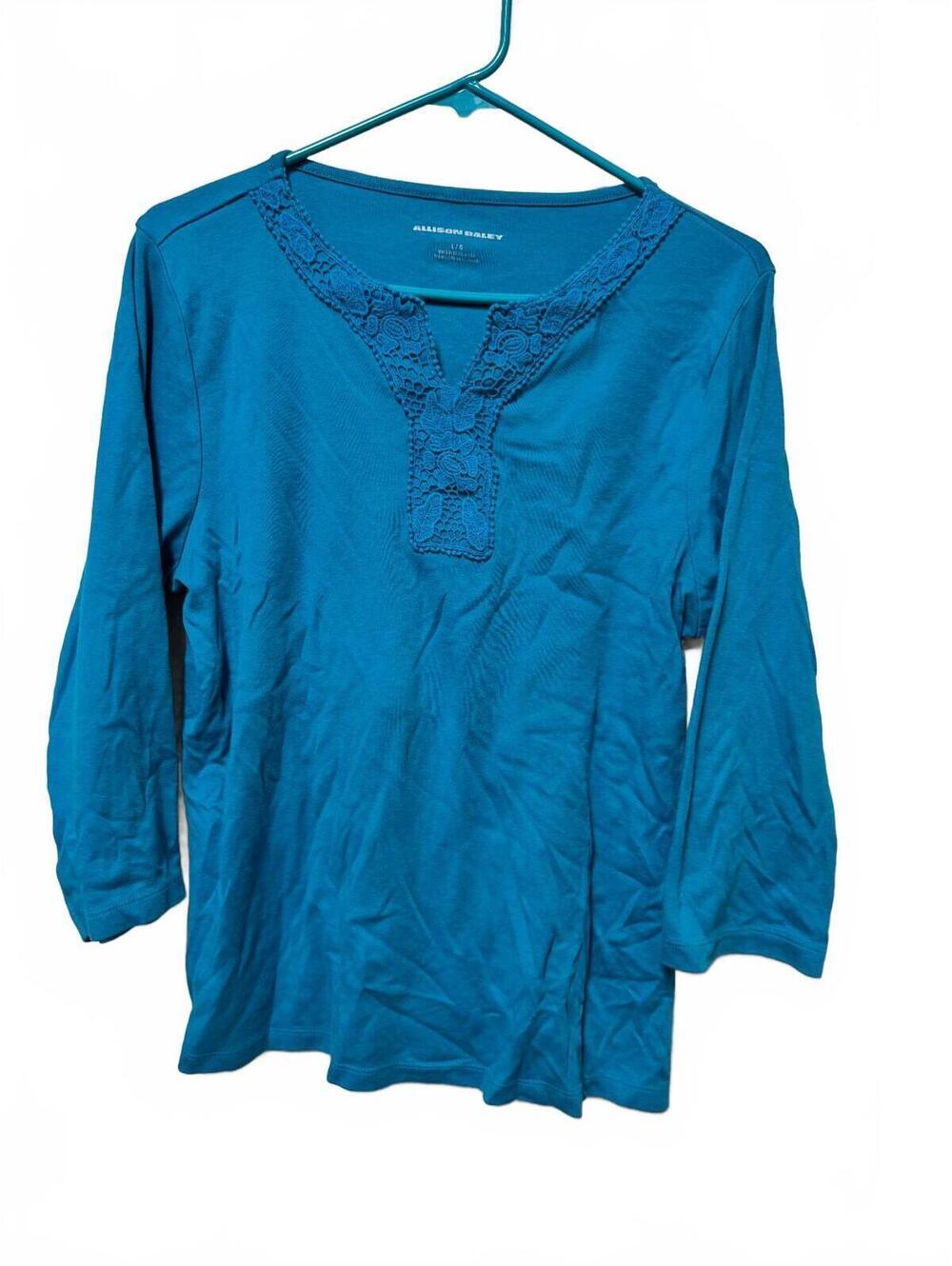 Allison Daley Women's Large Teal Lace Trim 3/4 Sleeve Top